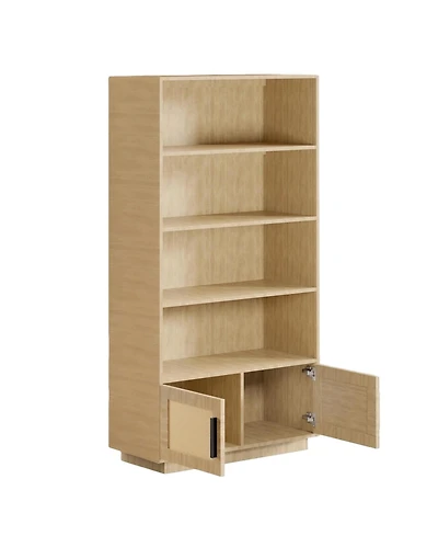 gaomon 5 Tier Wooden Bookcase with Rattan Door Cabinet