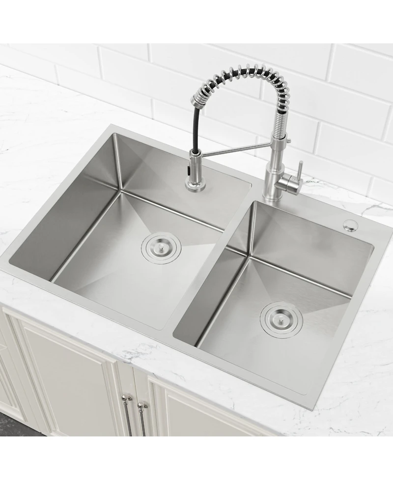 Busdays 33 x 19 Inch Embedded Double Bowl Kitchen Sink Overmount Handmade Brushed Stainless Steel