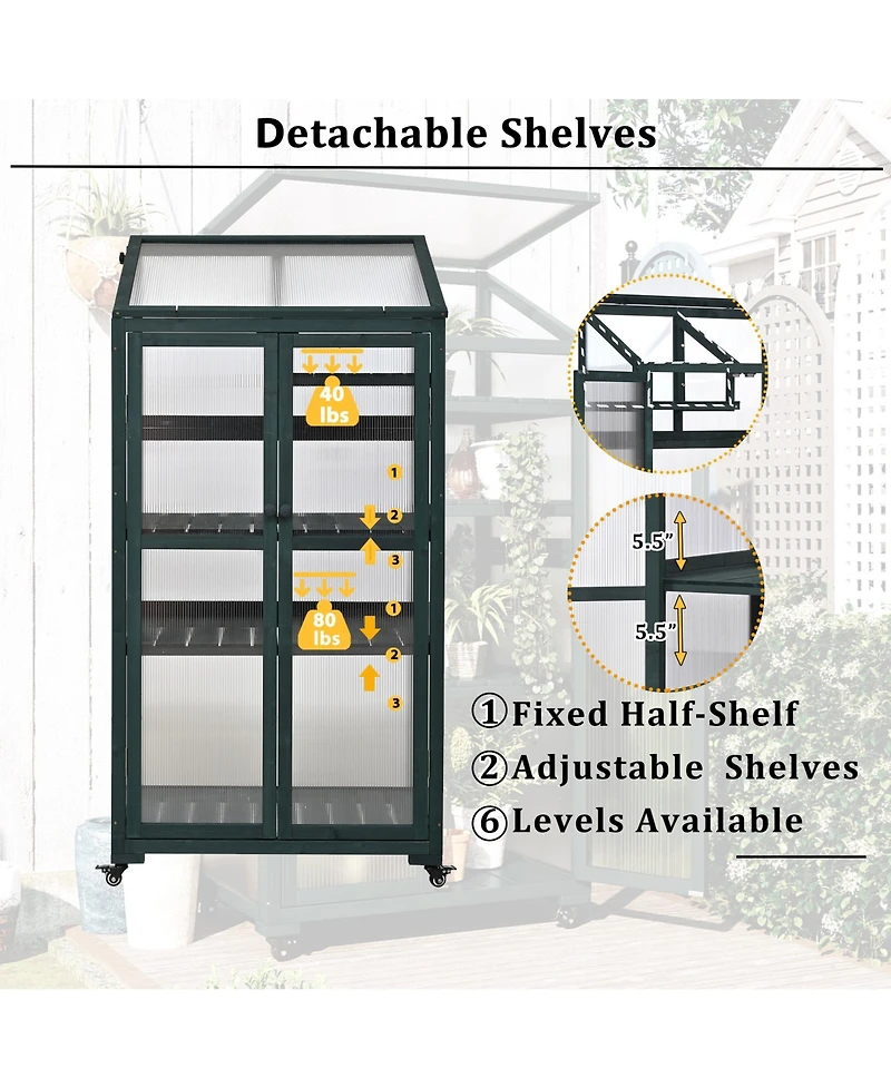 sumyeg 62inch Outdoor Height Wood Large Greenhouse Balcony Portable Cold Frame with Wheels and Adjustable Shelves