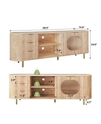 Rainsken 69" Curved Tv Stand for TVs Up to 80 Inches, Modern Media Console Table with Wavy Acrylic Doors and Large Storage for Living Room