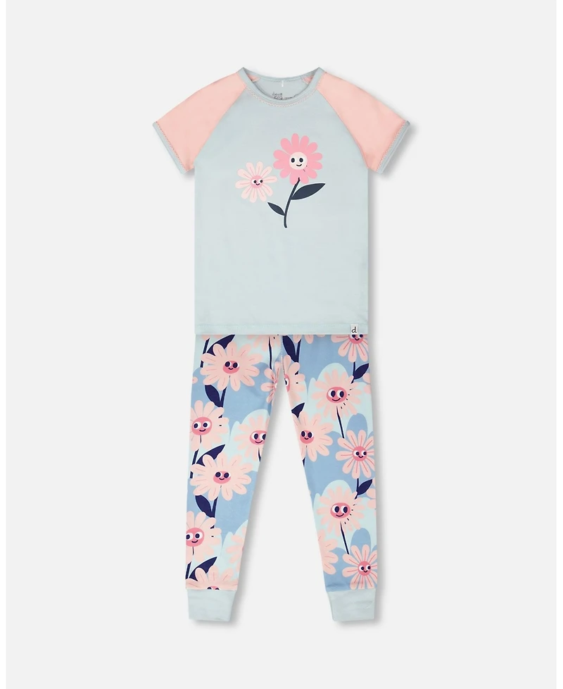 Deux par Deux Little Girls Cotton Two-Piece Pyjama Set Smiling Flower Print
