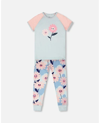 Deux par Deux Little Girls Cotton Two-Piece Pyjama Set Smiling Flower Print