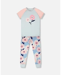 Deux par Deux Little Girls Cotton Two-Piece Pyjama Set Smiling Flower Print