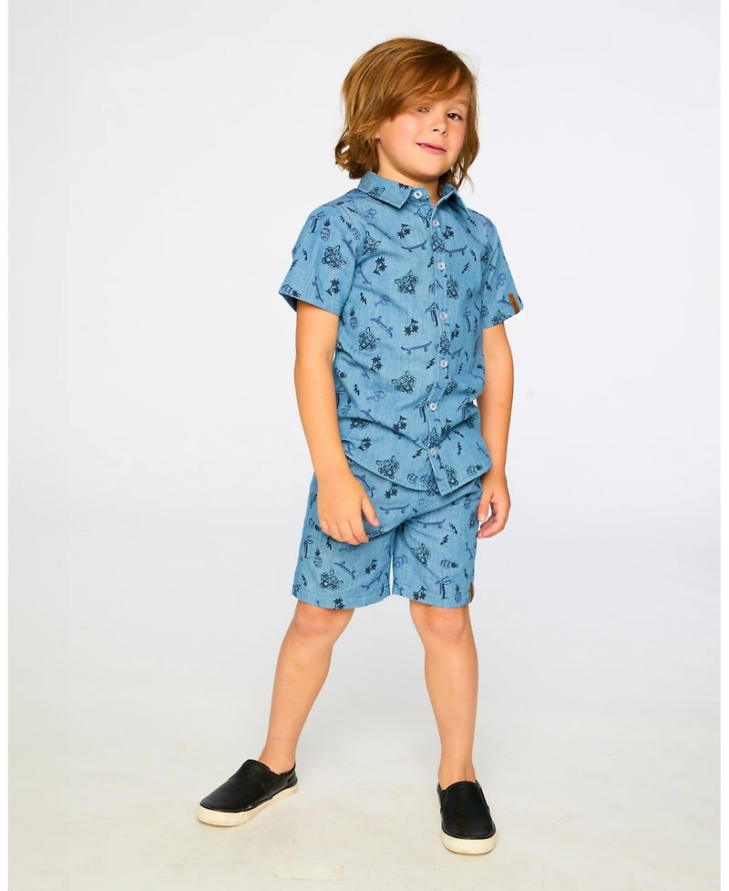 Deux par Deux Little Boys Chambray Short-Sleeve Shirt Blue Printed Skateboards