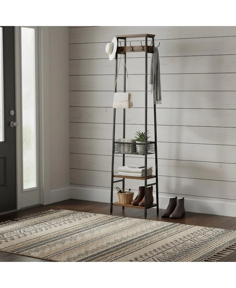Yigii Freestanding Hall Tree Coat Rack 7 Hooks 3 Shelves Industrial Style