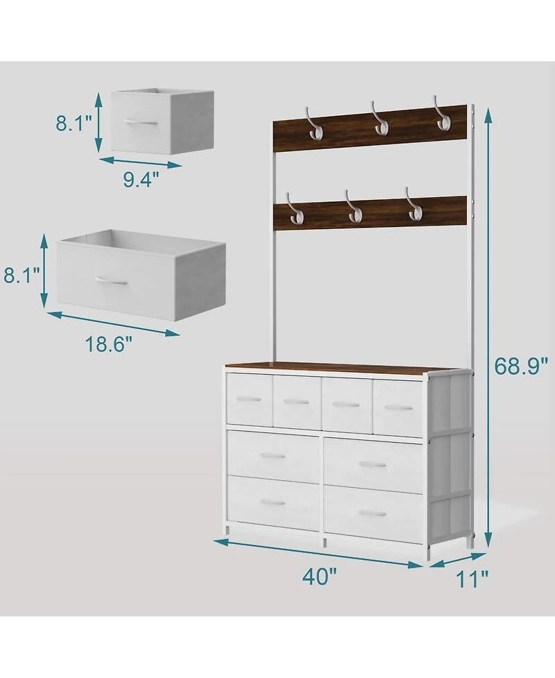 Yigii Tall Fabric Dresser 8 Drawers 6 Hooks Chest Bedroom Storage Organizer Space Saving Easy Assembly