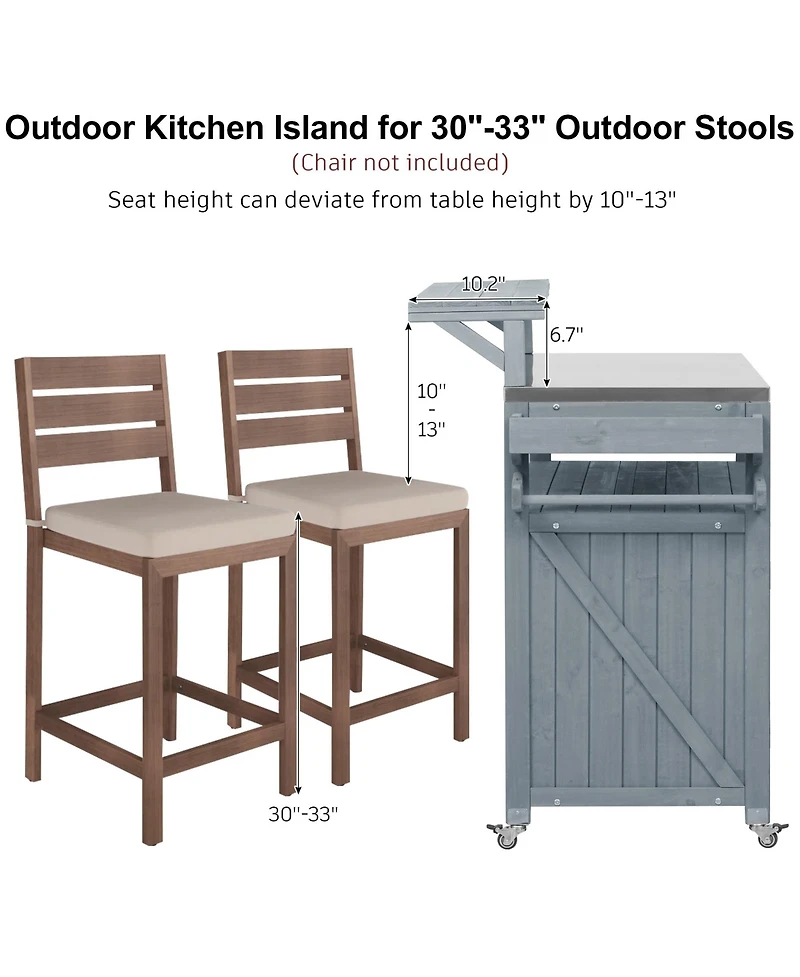 sumyeg 53.3inch Outdoor Kitchen Island with Raised Shelf, Solid Wood Storage Cabinet, Rolling Grill Cart with Rack, Adjustable Shelf and Spice Rack