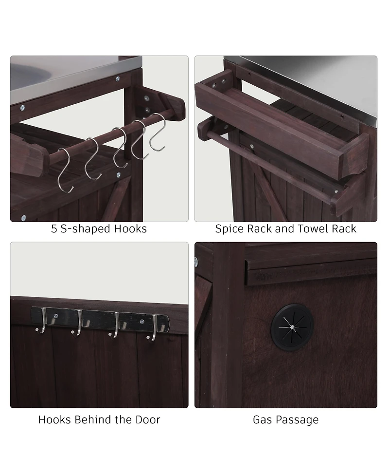 sumyeg 53.3inch Outdoor Kitchen Island with Raised Shelf, Solid Wood Storage Cabinet, Rolling Grill Cart Rack, Adjustable Shelf and Spice Rack