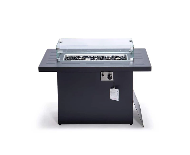 LeisureMod Chelsea Propane Fire Pit 44 Inch 55,000 Btu Auto-Ignition Gas Table with lid, Wind Guard and Decorative Stones Aluminum Frame
