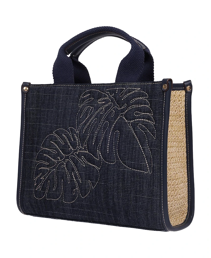 Tommy Bahama Dorothy Medium Denim Tote – Embroidered Leaf Convertible Top Handle and Crossbody Bag