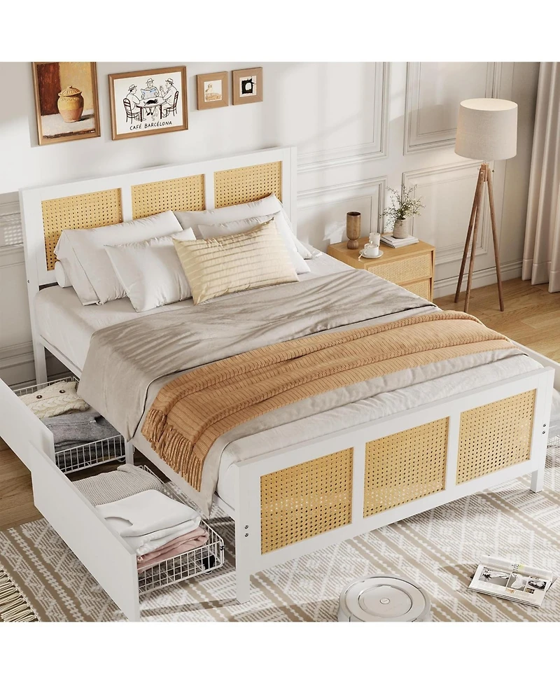 gaomon Rattan Bed Frame with Headboard, Boho Cane Platform King 4 Drawers, Strong Metal Slats Support, Noise Free