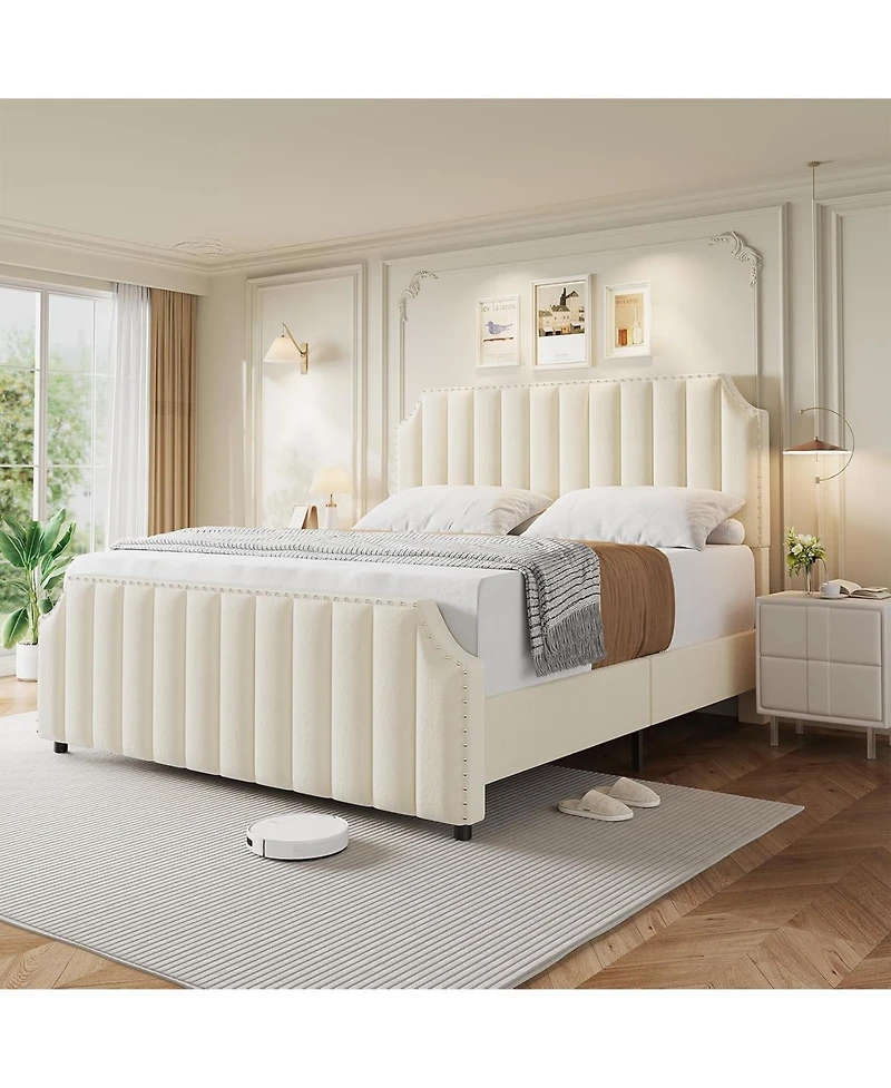 gaomon Velvet Bed Frame, Vertical Channel Tufted 50.2" Tall Headboard and Footboard with Nailhead Trim, Upholstered Platform