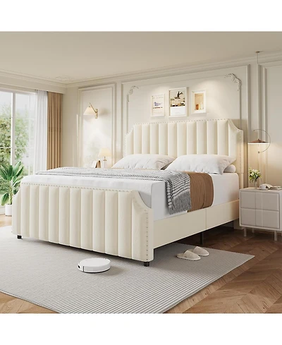 gaomon Velvet Bed Frame, Vertical Channel Tufted 50.2" Tall Headboard and Footboard with Nailhead Trim, Upholstered Platform
