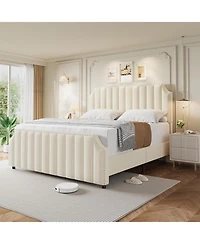 gaomon Velvet Bed Frame, Vertical Channel Tufted 50.2" Tall Headboard and Footboard with Nailhead Trim, Upholstered Platform