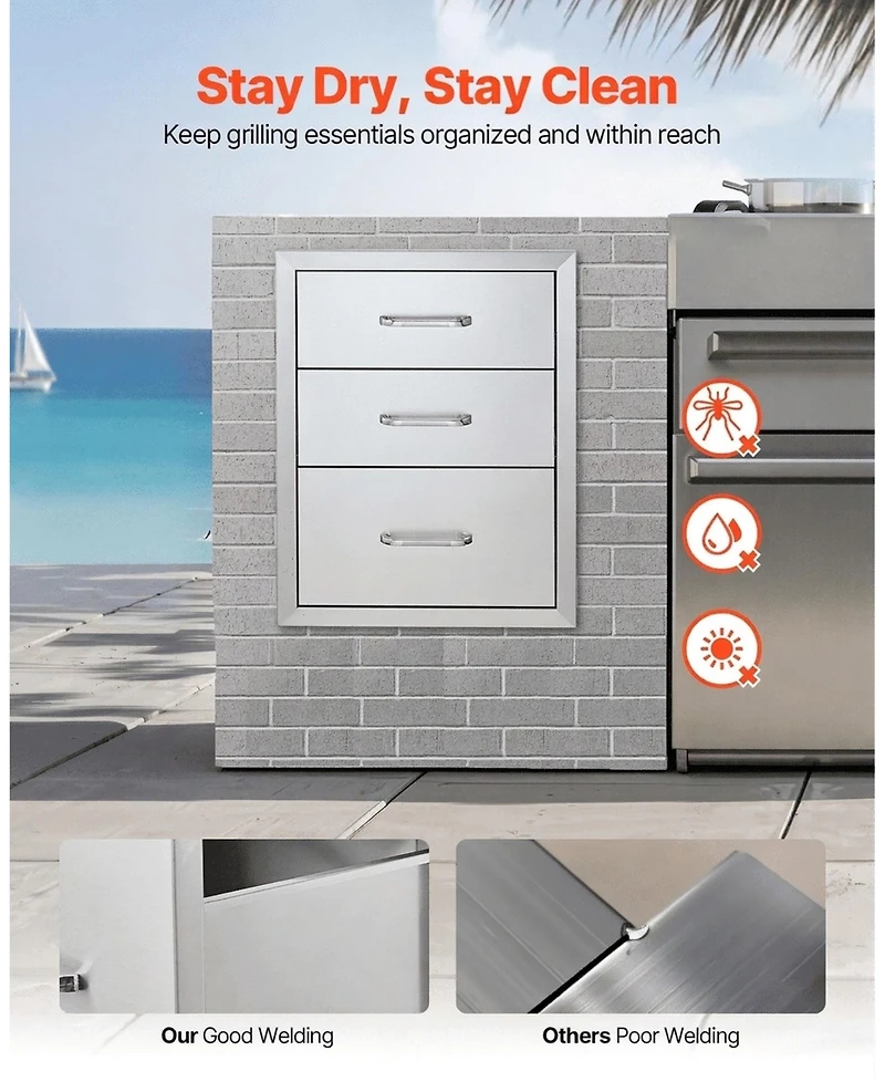 Sugift Outdoor Kitchen Stainless Steel Bbq Triple Access Drawers 18in x 23in x 23in