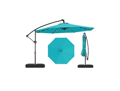 Lucky One 10 ft Solar Offset Patio Umbrella with Base 32 Led Lights 360 Rotation