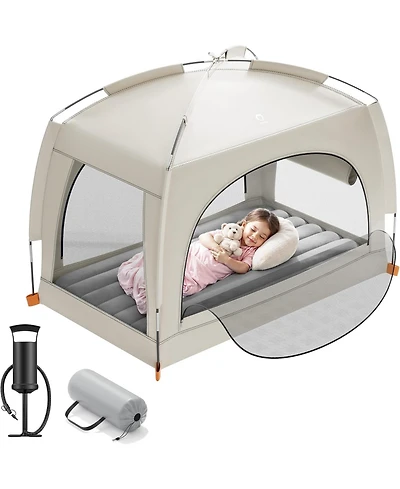 Qpau Inflatable Toddler Travel Bed with Tent – Lightweight Blow Up Kids Air Mattress with Hand Pump – Indoor and Outdoor Portable Sleepi