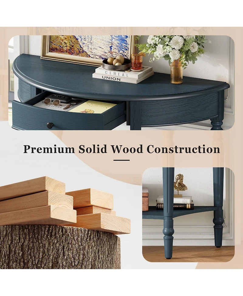 Rainsken Farmhouse Curved Console Table, Half Moon Accent Table with Storage Drawer and Lower Shelf, Sofa Table for Entryway, Living Room