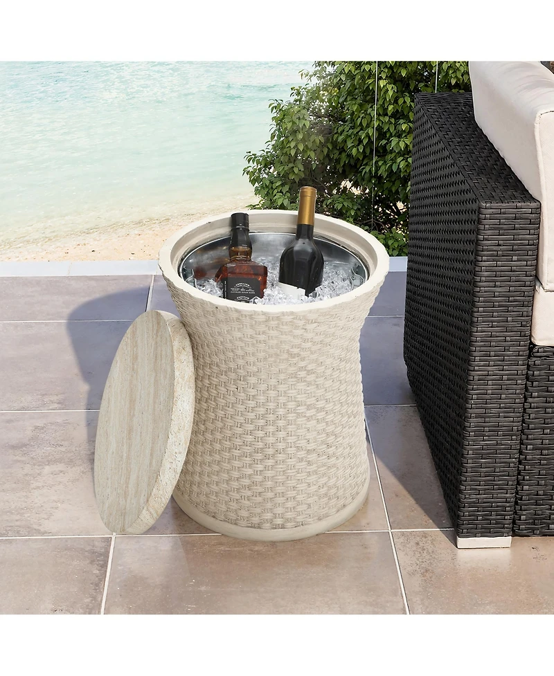 LuxenHome 18.7" Woven Texture Outdoor Side Table with Storage, Round Patio Table with Ice Bucket for Garden, Balcony