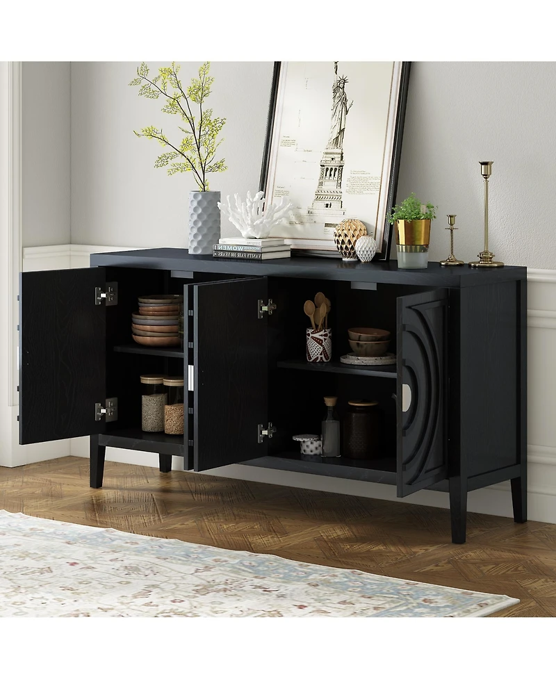 Rainsken Retro Storage Sideboard, 4-Door Buffet Cabinet with Circular Groove Design and Round Metal Handles for Living Room and Dining Room