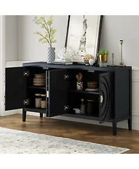 Rainsken Retro Storage Sideboard, 4-Door Buffet Cabinet with Circular Groove Design and Round Metal Handles for Living Room and Dining Room