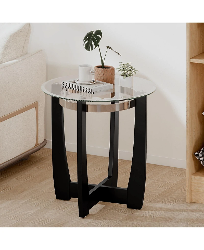 Gouun 24 in Round Accent Side Table with Tempered Glass Top and Rubber Wood Base