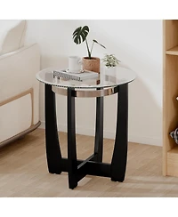 Gouun 24 in Round Accent Side Table with Tempered Glass Top and Rubber Wood Base