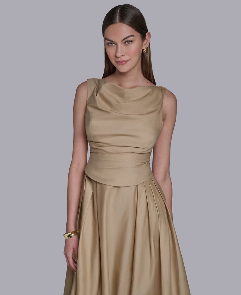 Halston Women's Boat Neck Sleeveless Pleated Midi Dress