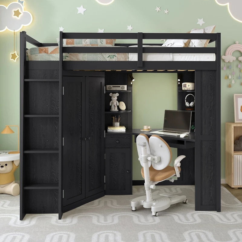 Streamdale Furniture Twin Loft Bed w/Wardrobe, Desk, Charging and Lights