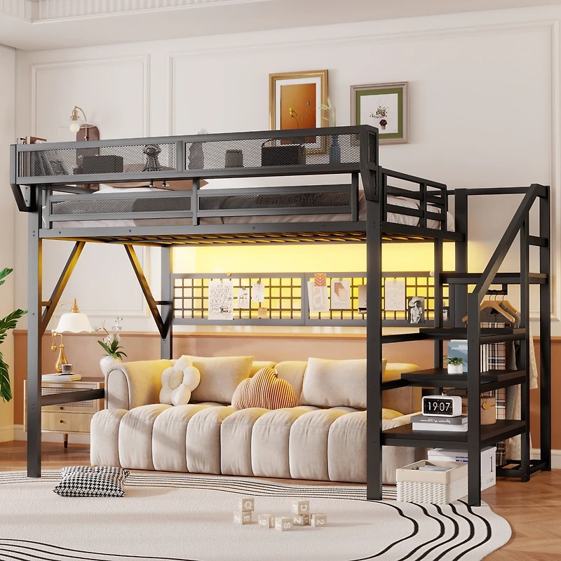 Streamdale Furniture Metal Loft Bed with Stairs, Light and Storage