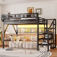 Streamdale Furniture Metal Loft Bed with Stairs, Light and Storage