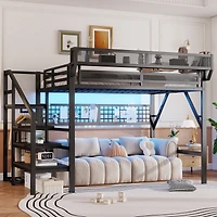 Streamdale Furniture Metal Loft Bed with Stairs, Light and Storage