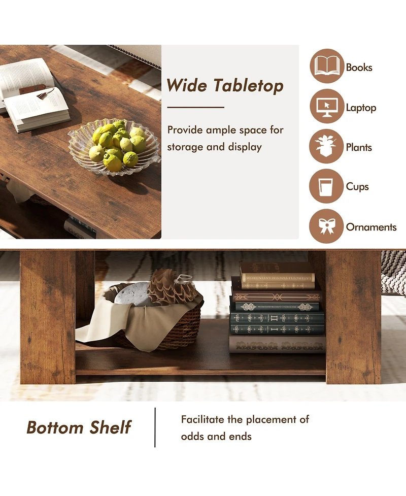 Gouun 41-Inch 2-Tier Wooden Coffee Table with Open Storage Shelf