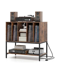 Gouun Record Player Stand with Charging Station and Six Vinyl Compartments