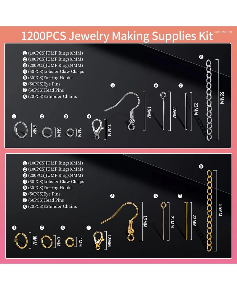 Gnuadz 1200pcs Jump Rings Earring Hooks Lobster Clasps Necklace Extenders Jewelry Findings Kit