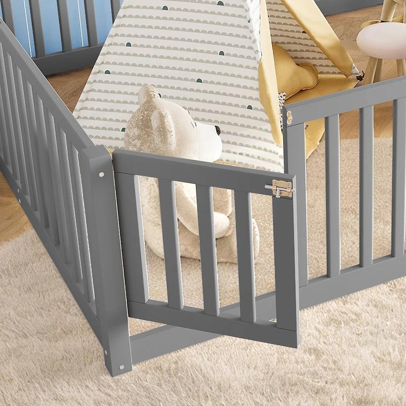 Streamdale Furniture Bed Floor Bed with Safety Guardrails and Door