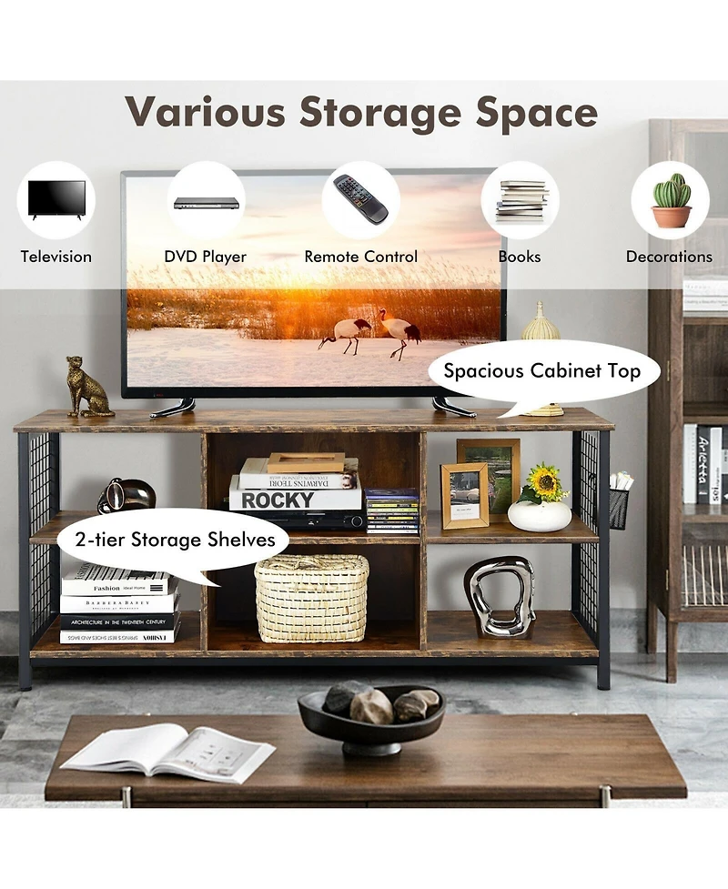 Sugift Mid-Century Wooden Tv Stand with Storage Basket for TVs up to 65 Inch-Rustic