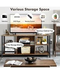 Sugift Mid-Century Wooden Tv Stand with Storage Basket for TVs up to 65 Inch-Rustic