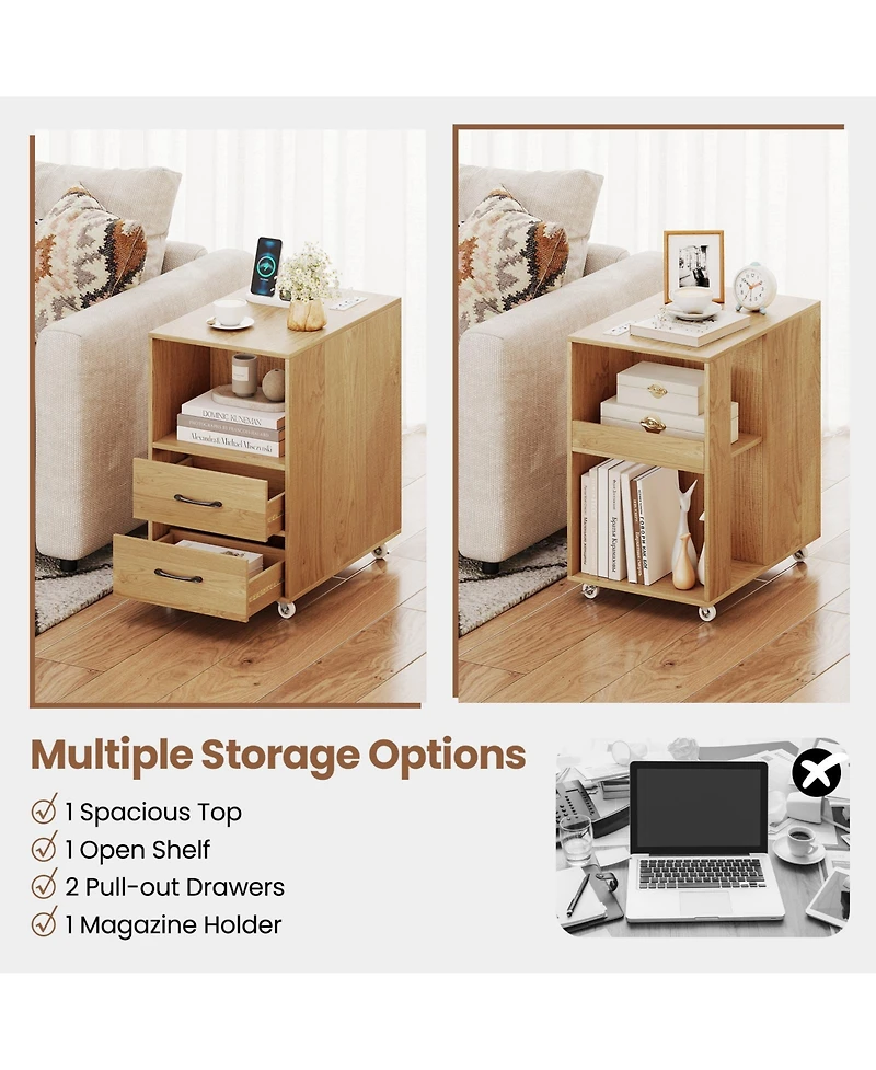 Gouun Rolling End Table with Charging Station, Drawers, and Open Shelves on Wheels
