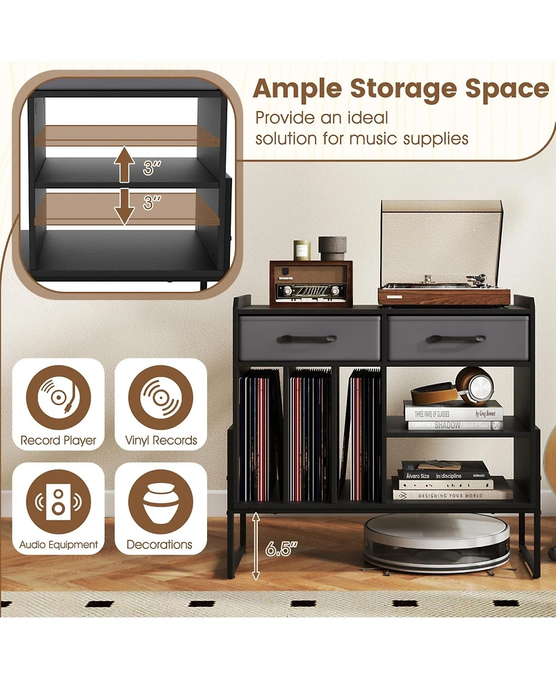 Gouun Large Mid-Century Record Player Stand with Charging Station and Vinyl Cabinet, 30 x 14 x 27 in