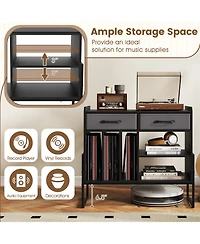 Gouun Large Mid-Century Record Player Stand with Charging Station and Vinyl Cabinet, 30 x 14 x 27 in