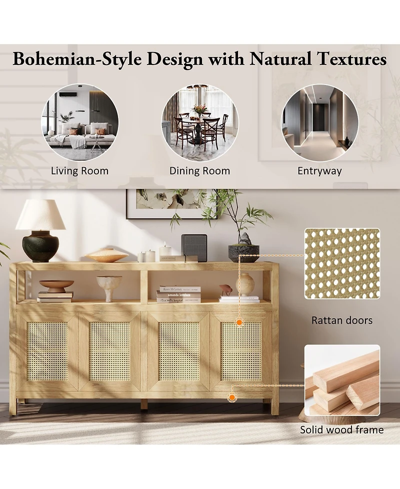 Rainsken Rattan Buffet Storage Cabinet, Bohemian Style Sideboard with Adjustable Shelves, No-Handle Push-to-Open Design for Living and Dining Rooms