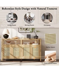 Rainsken Rattan Buffet Storage Cabinet, Bohemian Style Sideboard with Adjustable Shelves, No-Handle Push-to-Open Design for Living and Dining Rooms
