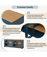 Rainsken Farmhouse Tv Stand for TVs , Two-Tone Media Console Table with Semi-Arched Glass Doors and Cable Management for Living Room