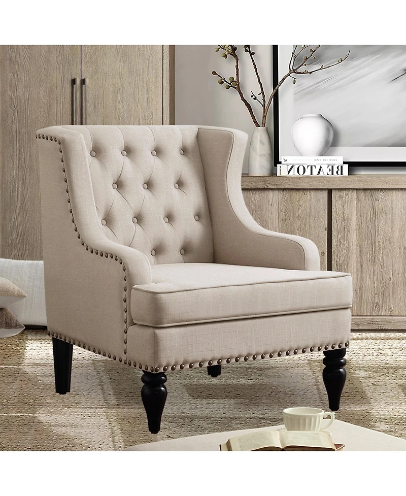Boyel Living Vintage Button-Tufted Linen Accent Chair with Nailhead Trim, Plush Seat and Solid Wood Legs