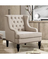 Boyel Living Vintage Button-Tufted Linen Accent Chair with Nailhead Trim, Plush Seat and Solid Wood Legs