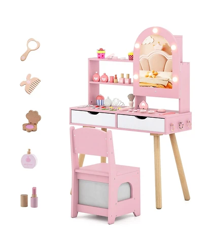 Slickblue Kids Play Vanity Set with Adjustable Mirror, 3-Color Led Lights and Brightness Control
