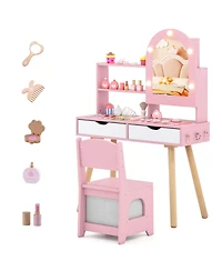 Slickblue Kids Play Vanity Set with Adjustable Mirror, 3-Color Led Lights and Brightness Control