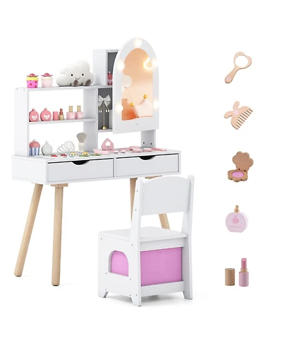 Slickblue Kids Play Vanity Set with Adjustable Mirror, 3-Color Led Lights and Brightness Control