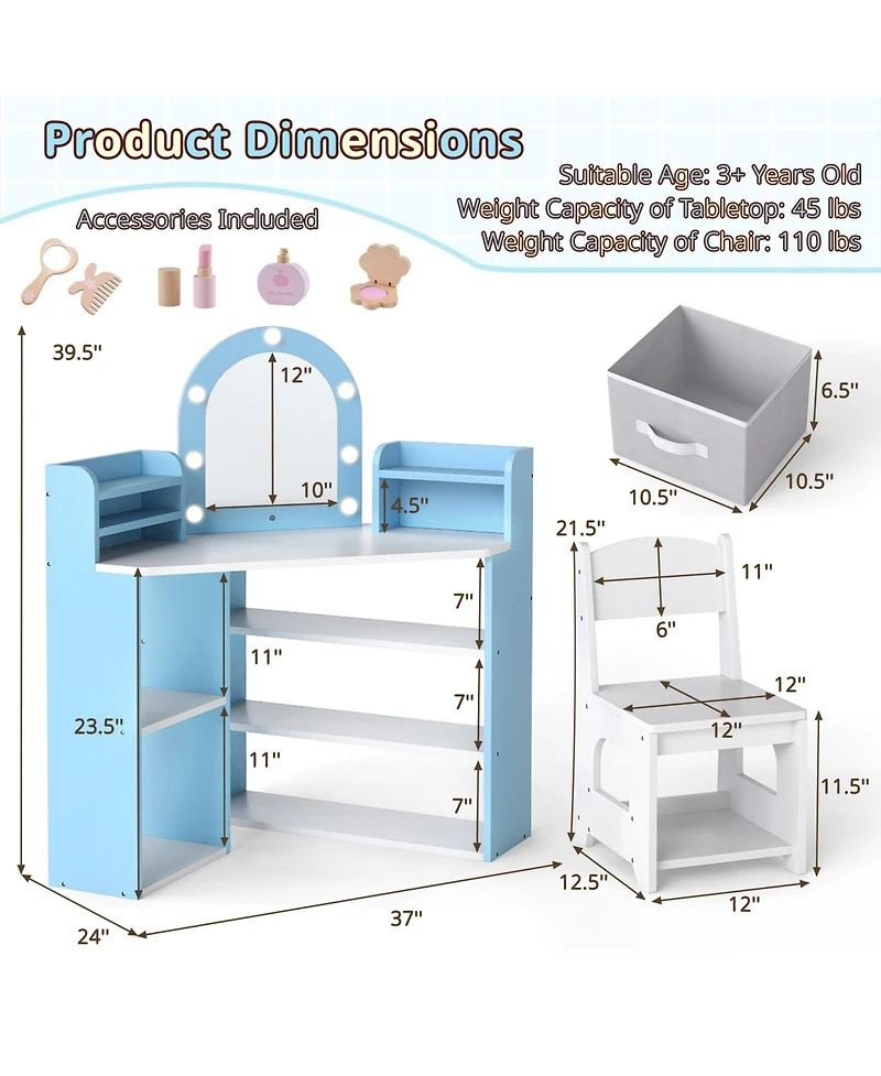 Slickblue 2-in-1 Toddler Vanity Set with Mirror and Lights for Pretend Play